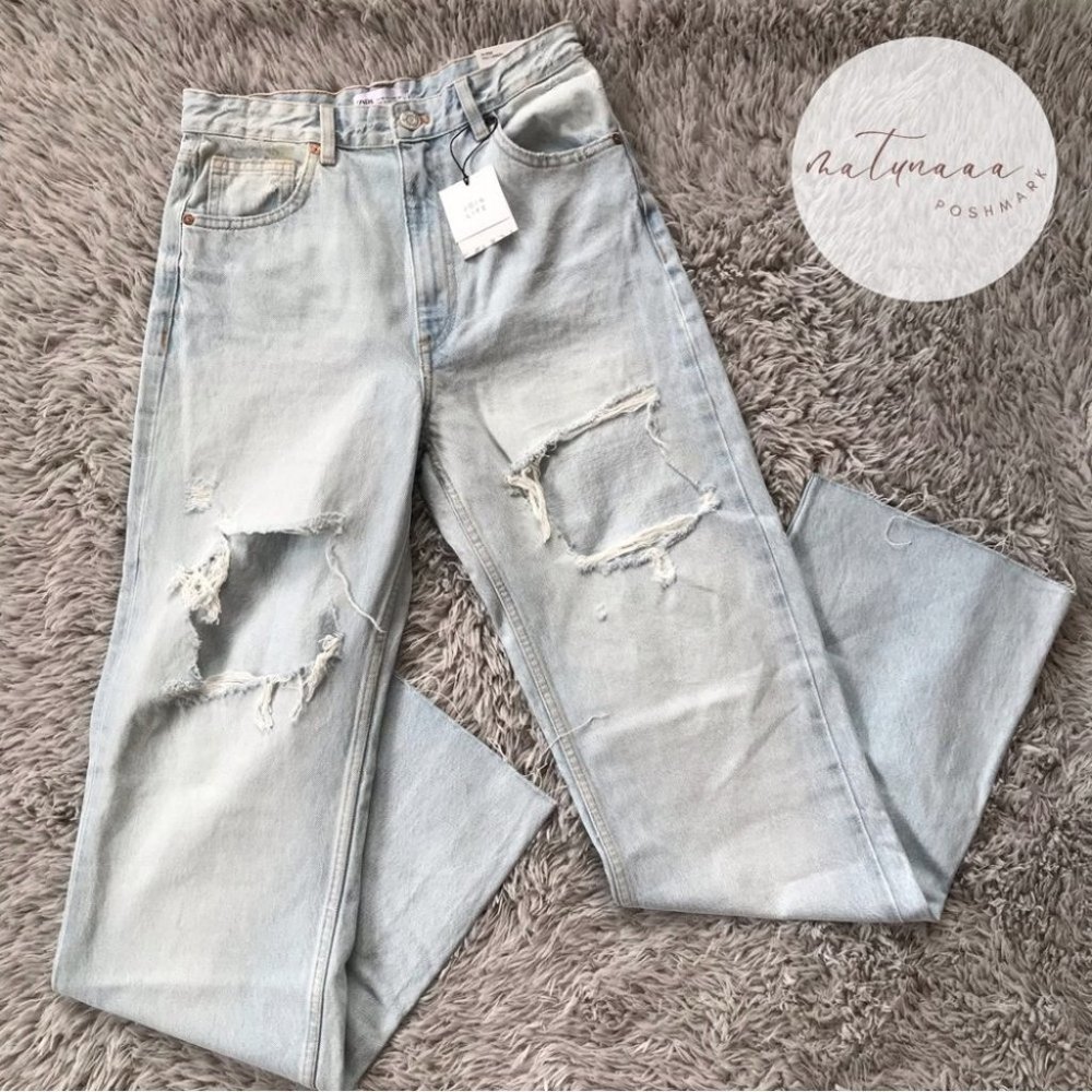 Zara Distressed High Rise Full Length Denim Jeans